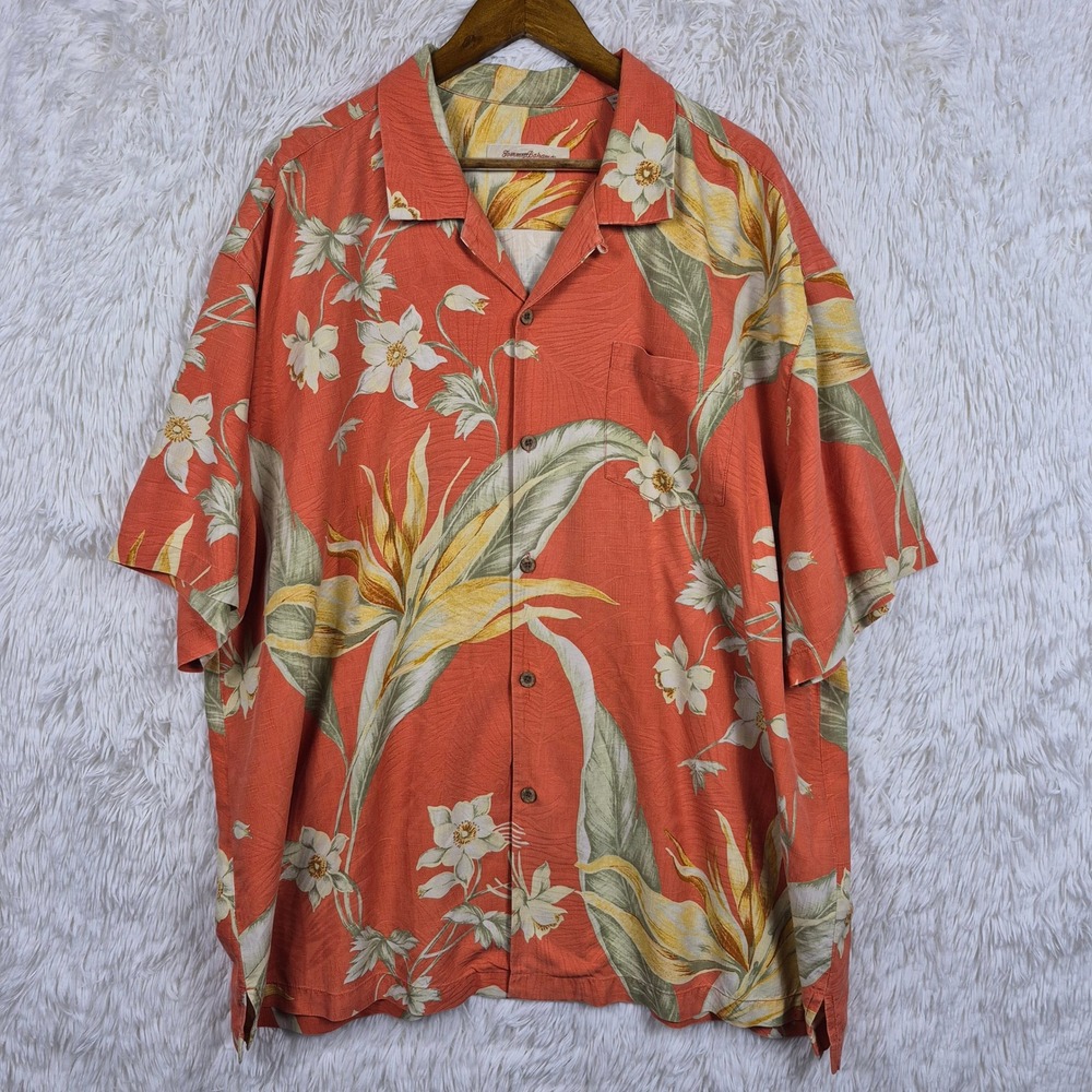 Tommy Bahama Mens XXL Silk Camp Shirt Coral Orange Bird of Paradise Floral Print